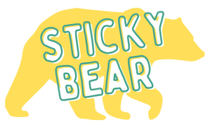 Yellow bear walking with the words STICKY BEAR overlaid on top of it.